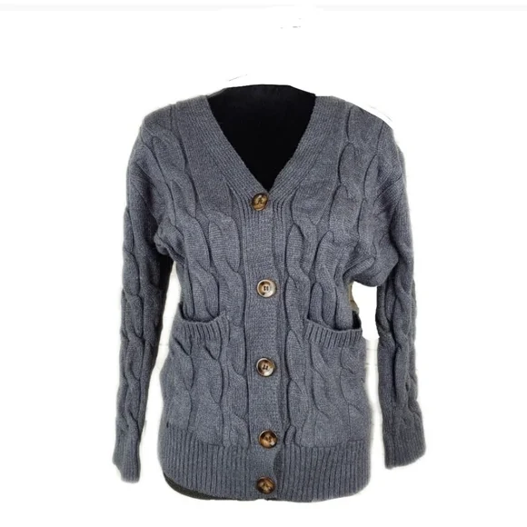 Womens Deep Gray Cable-Knit V-Neck Button Cardigan Size S Vrkufie New! - Picture 3 of 7